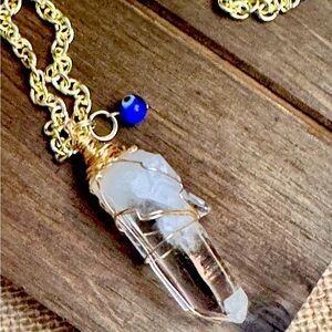 Large  Gold wire wrapped and Clear Quartz Pendant Necklace